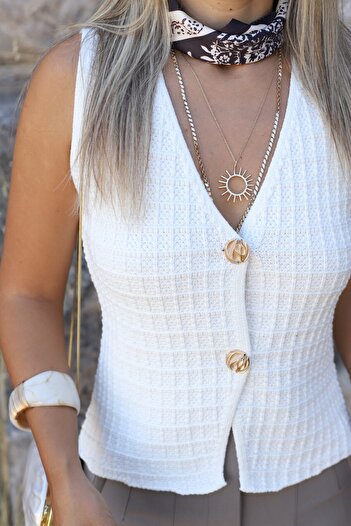bytugcekaya Ecru Standard Size Buttoned Knit Vest