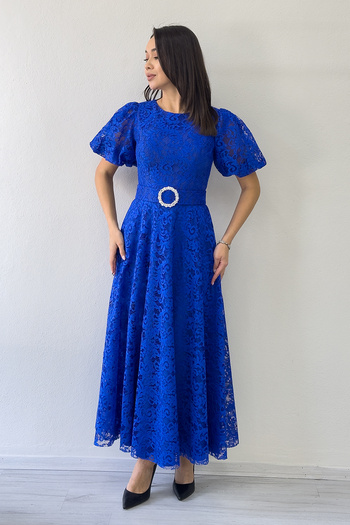 the ZKS Women's Balloon Sleeve Maxi Length Belted Lace Dress Black, Saks, Powder, Purple, Navy Blue, Red, Rose K., Fuchsia