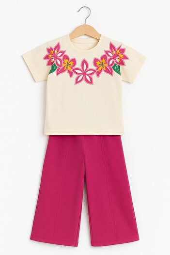 tunays shopping Girl's Cream Floral Patterned Top Spanish Flared Pants Set