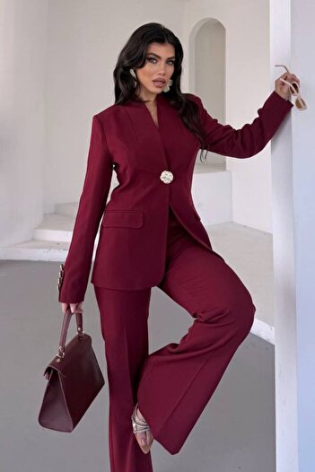 AKD Atelier Women's Two-Piece Suit Stylish Button Detail Stand Collar Blazer Jacket Wide Leg Pants Set