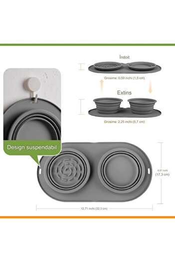Manolex Slow Feeding Bowl, 2 Foldable Compartments, for Cats and Dogs, Gray -