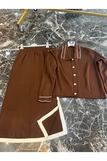 MY QILAM Women's Hijab Top and Bottom Set Striped Shirt Collar Cardigan with Skirt Knitwear Set Brown