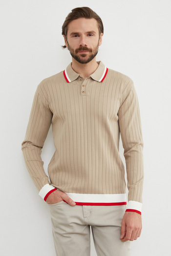 Fulla Moda Striped Ribbed Polo Collar Knitwear Sweater