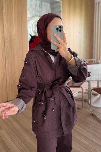 Ka Hijab 3D Floral Detail Denim Suit - Burgundy