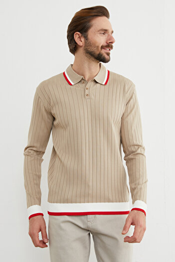 Fulla Moda Striped Ribbed Polo Collar Knitwear Sweater