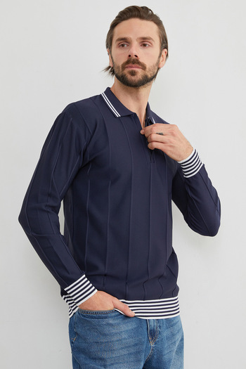 Fulla Moda Striped Polo Neck Half Zip Knitwear Bodysuit
