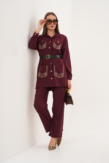 AYASOFYA OTANTIK Women's Burgundy Stone Print Detailed Pocketed Shirt Pants Set