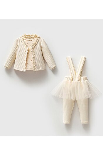 Momercy Baby Girl Velvet Tulle Salopet Bodysuit Cardigan 3-Piece Set