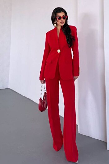 AKD Atelier Women's Two-Piece Suit Stylish Button Detail Stand Collar Blazer Jacket Wide Leg Pants Set