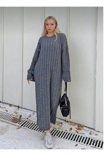 By Kuzey Aras Women's Thick Knitted Patterned Knitwear Long Dress Comfortable Loose Oversize Winter
