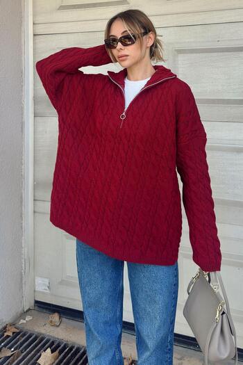 Swist Burgundy Zippered Stand Collar Thick Hair Knit Oversize Women's Knitwear Sweater
