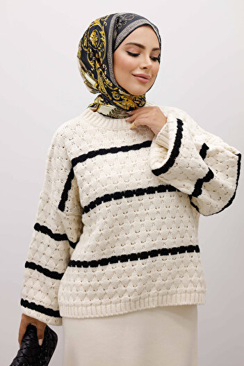 Tesettür Dünyası Houndstooth Patterned Striped Knitwear Tunic Tsd250224 Beige