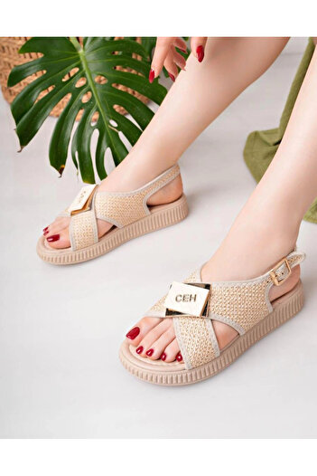 Adora Moda Cate Beige Straw Skin Sandals