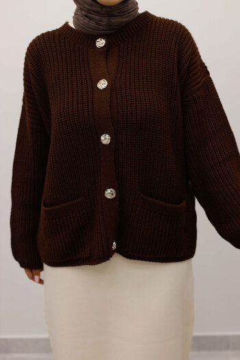 Tesettür Dünyası Soft Textured Buttoned Knitwear Cardigan Tsd250223 Bitter Brown