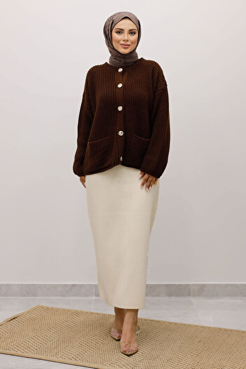 Tesettür Dünyası Soft Textured Buttoned Knitwear Cardigan Tsd250223 Bitter Brown