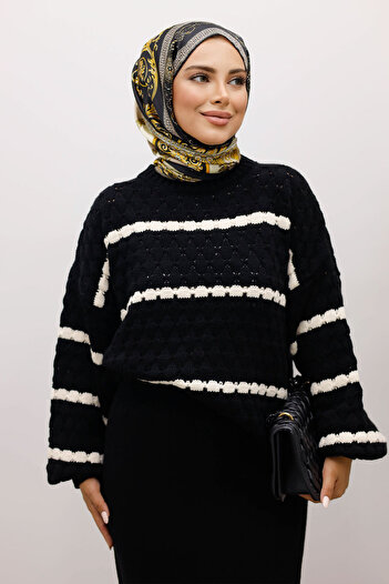 Tesettür Dünyası Houndstooth Patterned Striped Knitwear Tunic Tsd250224 Black