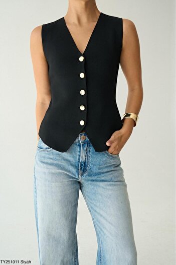 CADDELAMODA Women's V-Neck Gold Buttoned Vest