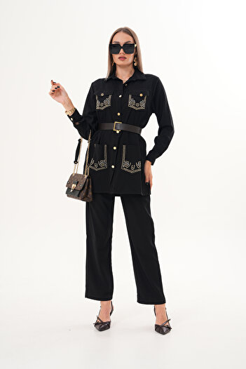 AYASOFYA OTANTIK Women's Black Stone Print Detailed Pocketed Shirt Pants Set