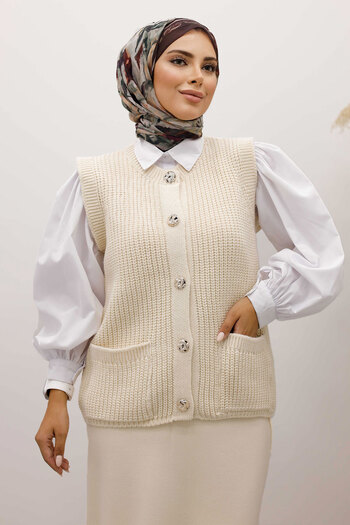 Tesettür Dünyası Buttoned Knitwear Sweater Tsd250221 Beige