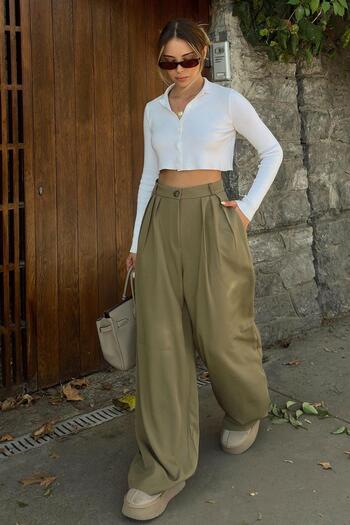 Swist Khaki 3 Pleated High Waist Pocketed Wide Leg Women's Palazzo Pants
