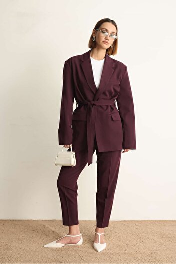 Swass Burgundy Belted Jacket Pants Set
