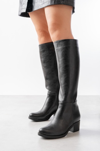 DİVOLYA Lorida Black Leather Heeled (5 cm) Daily Use Boots with Side Zipper