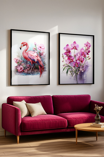 STARYUNA Black Framed Watercolor Effect Flamingo and Orchid Flower Double Painting Set Yuna433