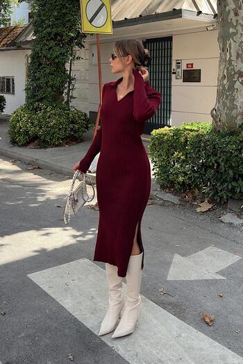 Swist Burgundy Polo Neck Sleeve Detail Women's Knitwear Midi Dress