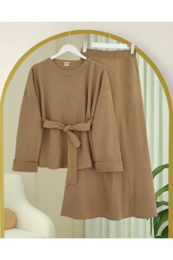 Modamorfo Folded Sleeves, Belted Waist, Slit Knitwear Set - Mink