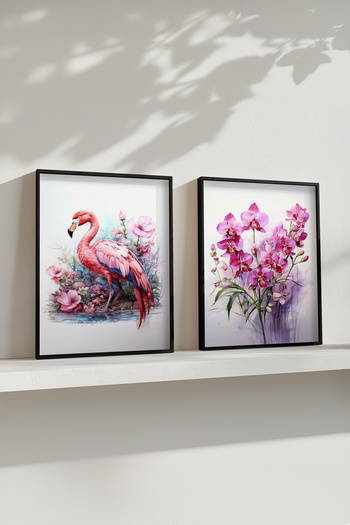 STARYUNA Black Framed Watercolor Effect Flamingo and Orchid Flower Double Painting Set Yuna433
