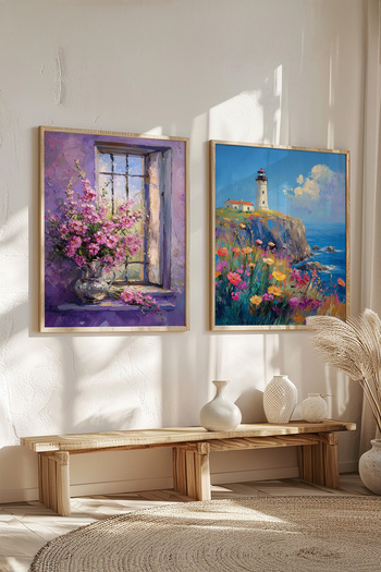 STARYUNA Wooden Framed Oil Painting Effect Purple Flower Lighthouse Double Painting Set Yuna431