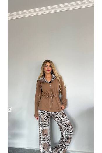 Bella Belluci Leopard Print Zippered Hooded Sporty Top and Bottom Set