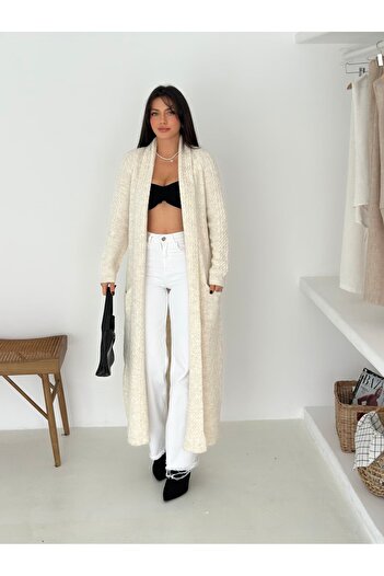 Brantu Knitted Patterned Long Knit Cardigan with Pockets