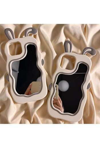 OSG Cute Rabbit Ear Shockproof Phone Case with Makeup Mirror Compatible with iPhone 13/14/15