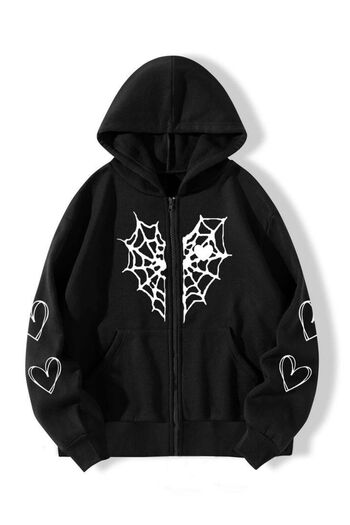 Kalic Studio Gothic Heart Printed Oversized Zip-Up Sweatshirt Black