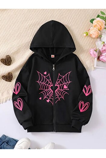 Kalic Studio Gothic Heart Printed Oversized Zip-Up Sweatshirt Black