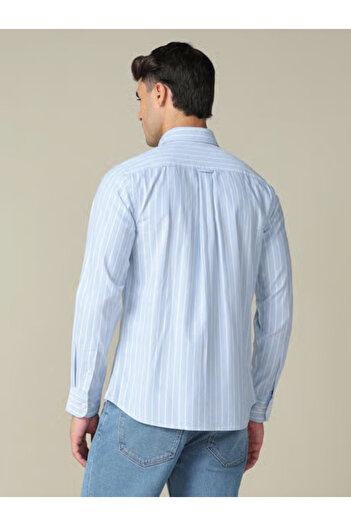 U.S. Polo Assn. Men's Blue Cotton Tailored Fit Vertical Striped Shirt