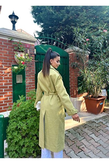 MADAME MELEK Belted Outerwear Lined Long Cashmere Coat with Epaulettes