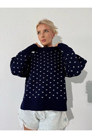 ibeeka Women's Sweater Navy Blue Color Spotted / Heart Look Sweater