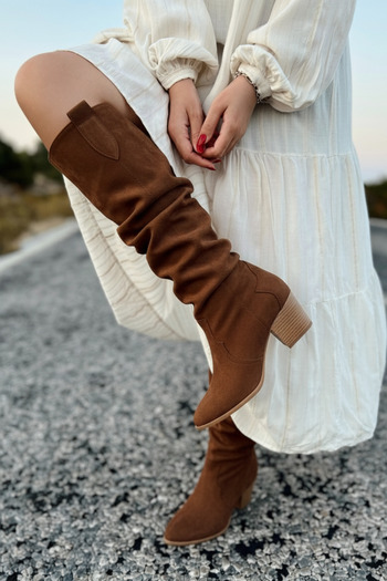 POLKA STORE Desert Long Below-The-Knee Western Suede Bitter Brown Women's Bellows Cowboy Boots