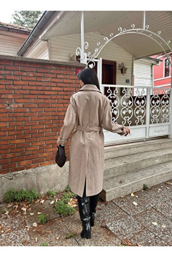 MADAME MELEK Belted Outerwear Lined Long Cashmere Coat with Epaulettes
