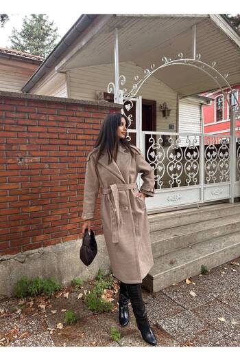 MADAME MELEK Belted Outerwear Lined Long Cashmere Coat with Epaulettes