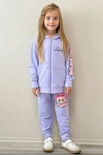 Kidmark Çocuk Modası Girl's Labubu Printed 100% Cotton Zippered Lilac Top and Bottom Set