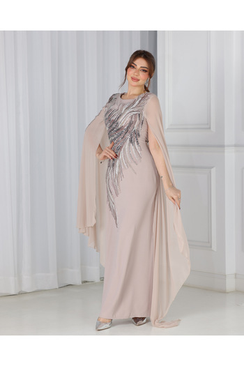Elegant Beige balloon dress, chiffon fabric, decorated with embroidery