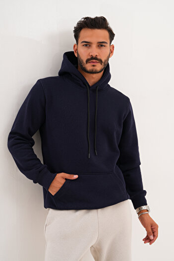 BigBrossBoutique Men's Navy Blue 3 Thread Basic Standard Fit Kangaroo Pocket Hooded Sweatshirt