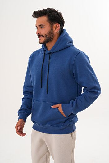 BigBrossBoutique Men's Indigo Blue 3 Thread Basic Standard Fit Kangaroo Pocket Hooded Sweatshirt
