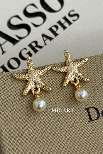 MioArt Pearl Detailed Dangle Women's Star Earrings