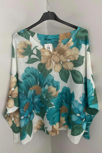AYASOFYA OTANTIK Women's Italian Turquoise V-Neck Vintage Floral Patterned Loose Mercerized Blouse