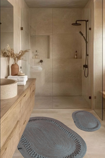 Salvia Dione Bathroom Mat Set Wicker Jute 2-Piece Oval Non-Slip Base Water Absorbent Bathroom Rug Decorative Toilet Mat