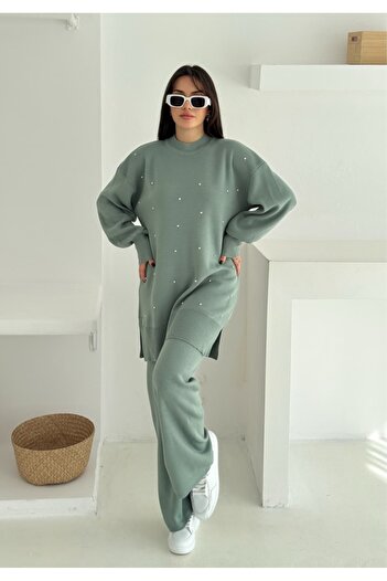 Brantu Green Knitwear Double Suit with Pearl Detail